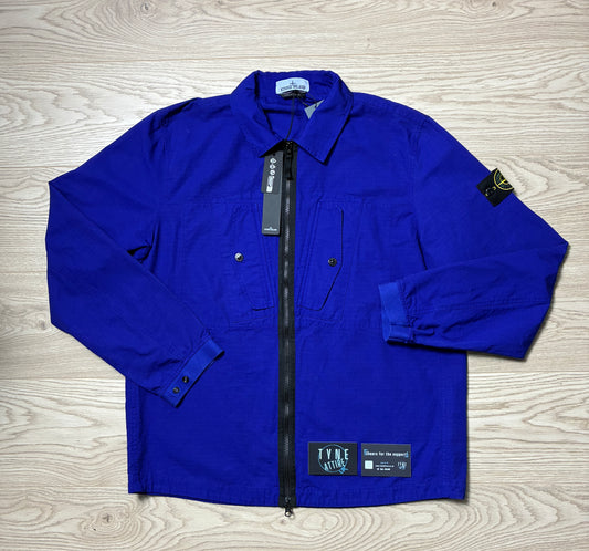 Stone Island 11112 Garment Dyed Dual Chest Pocket Cotton Ripstop Bluette Overshirt Jacket