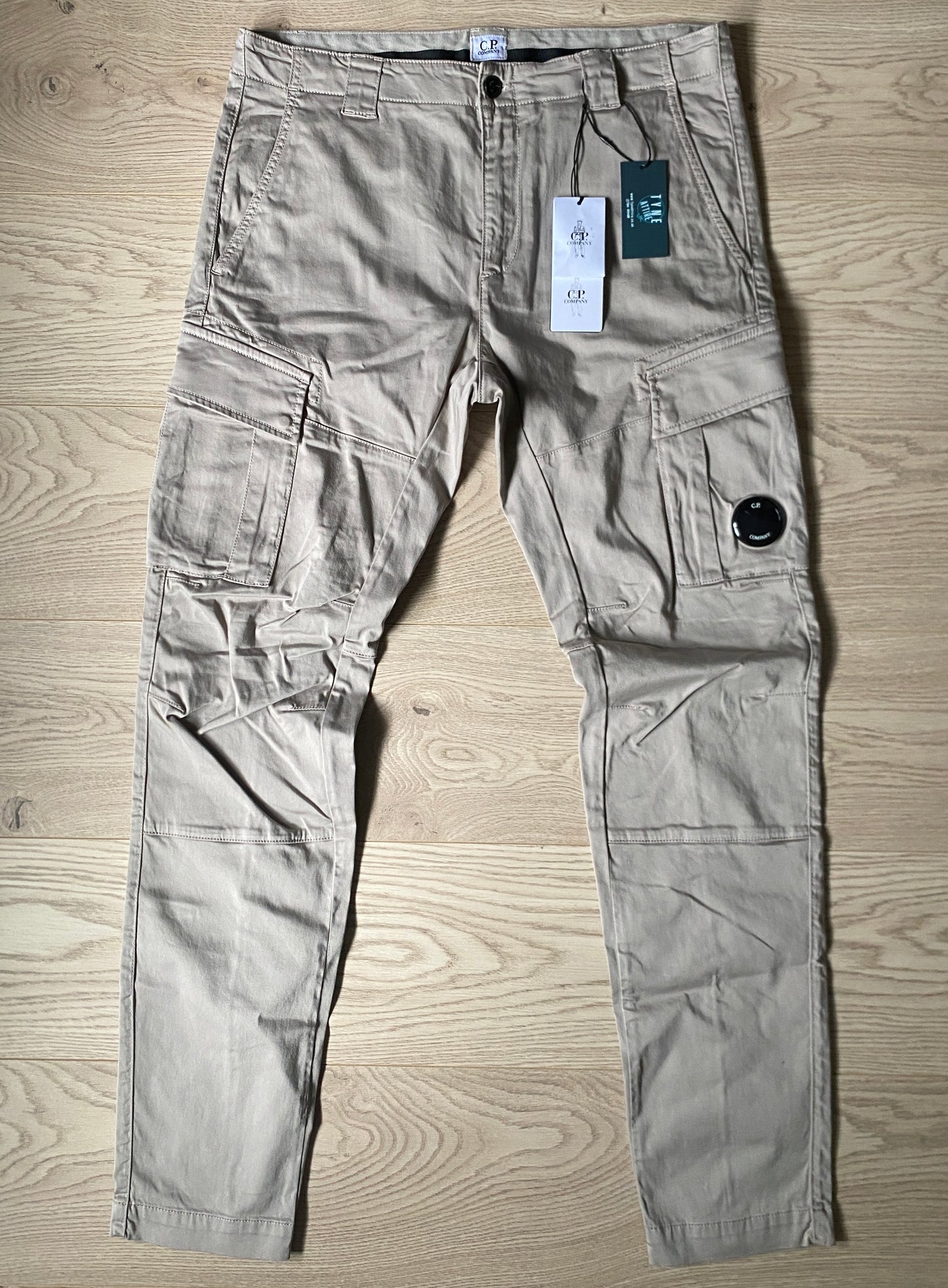 C.P. Company GD Ergonomic Fit Satin Stretch Lens Pocket Beige Cargo Trousers