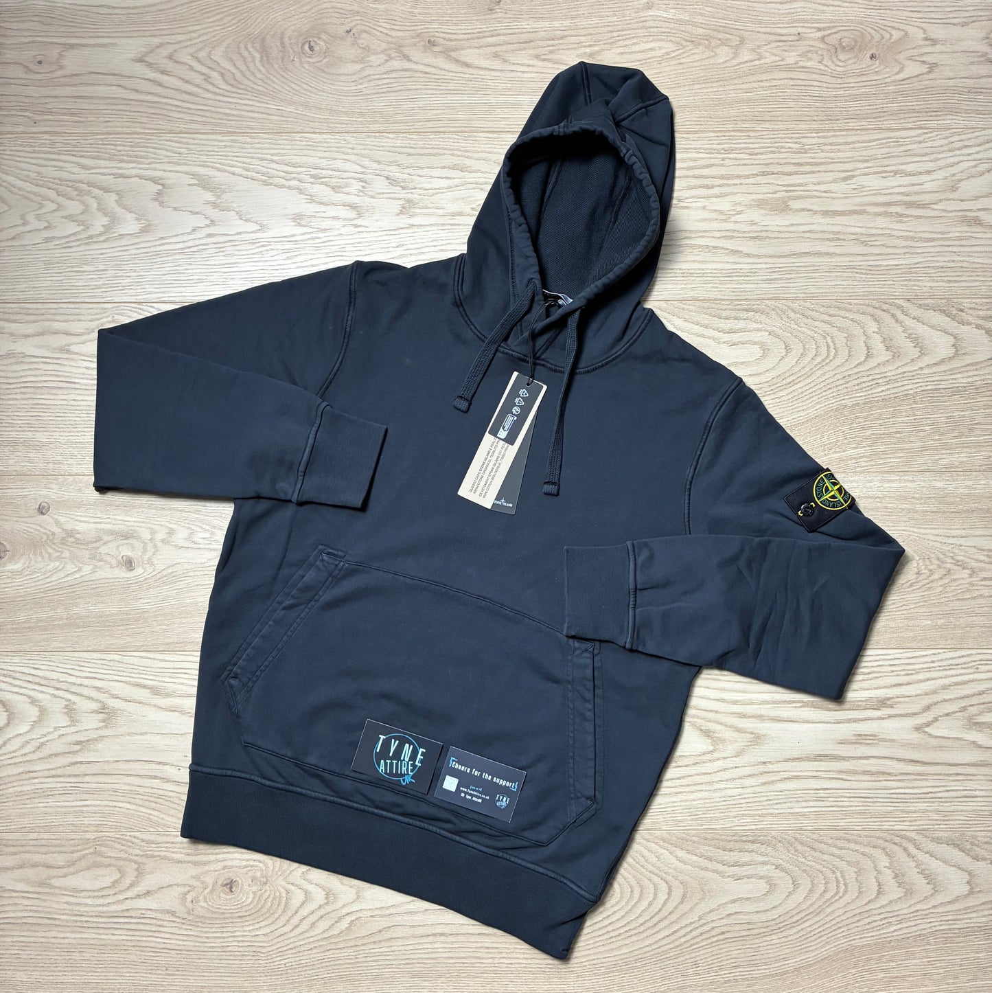 Stone Island 100062 Cotton Fleece Garment Dyed Navy Blue Popover Drawstring Hoodie