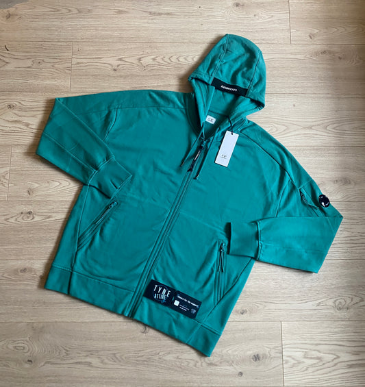 C.P. Company Garment Dyed Arm Pocket Lens Diagonal Raised Fleece Green Full Zip Hooded Sweater