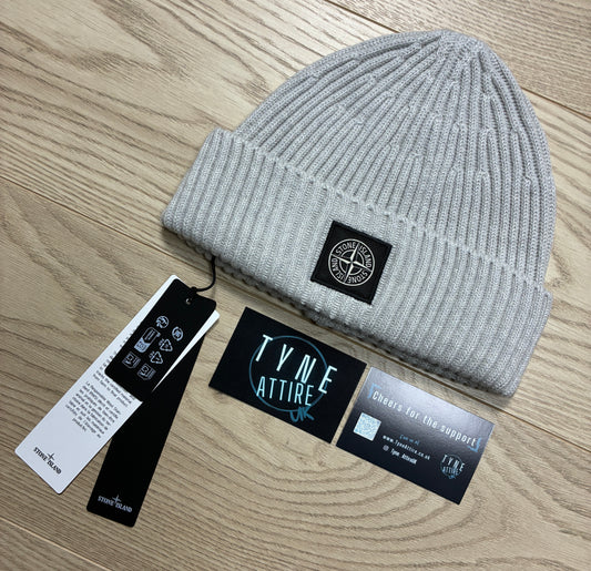 Stone Island N100002 Classic Mens/Unisex R.W.S Geelong Wool Ribbed Patch Logo Marl Grey Beanie