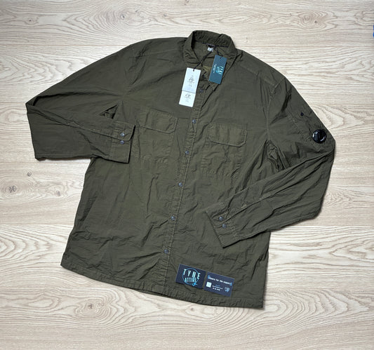 C.P. Company Taylon-L Chrome-R Garment Dyed Arm Lens Khaki Green Button Overshirt