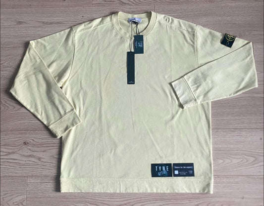 Stone Island 63750 Cotton Fleece Garment Dyed Lemon Yellow Lightweight Crewneck Sweater