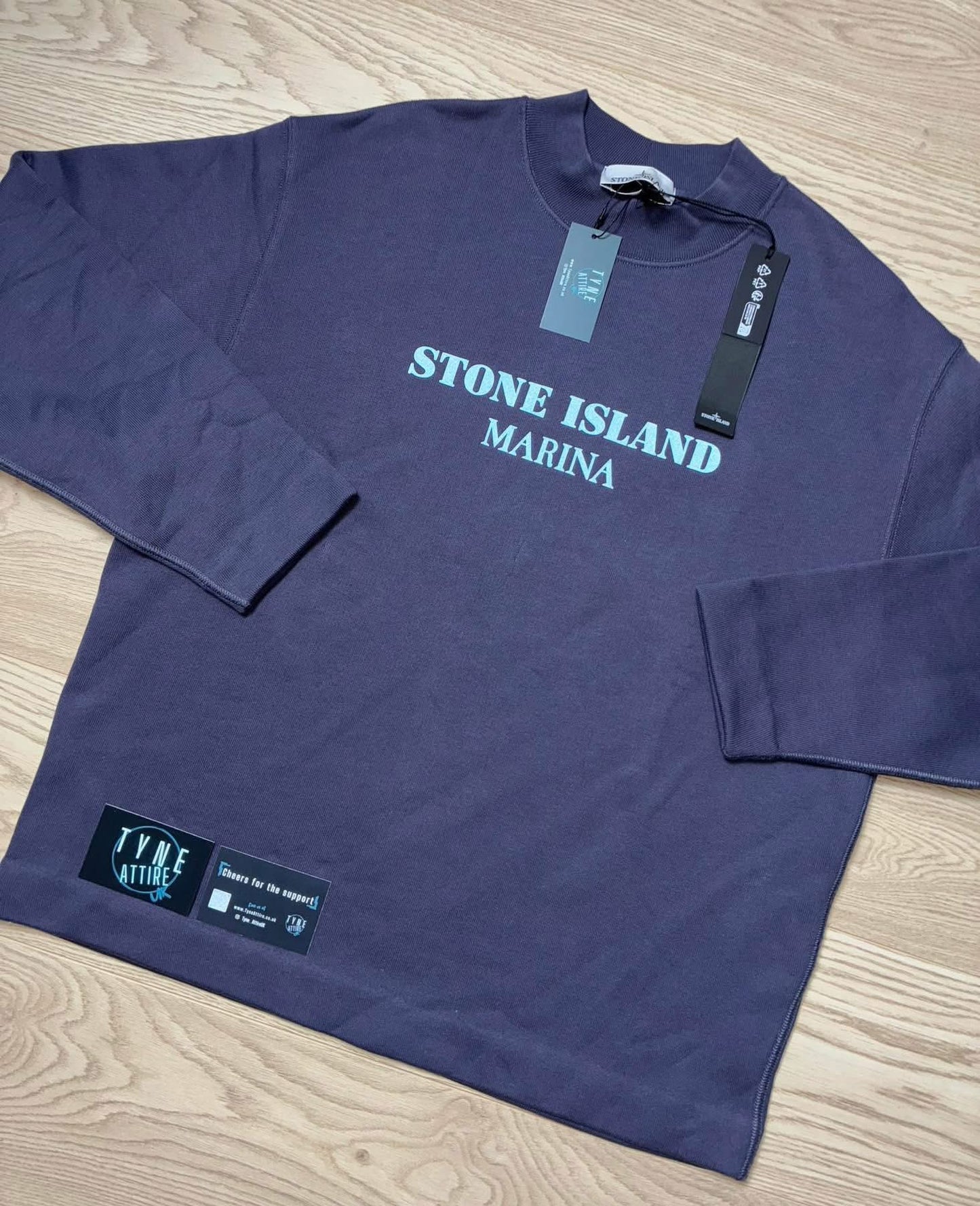 Stone Island Marina 631X5 Reflective Spellout Logo Navy Blue Crewneck Sweater