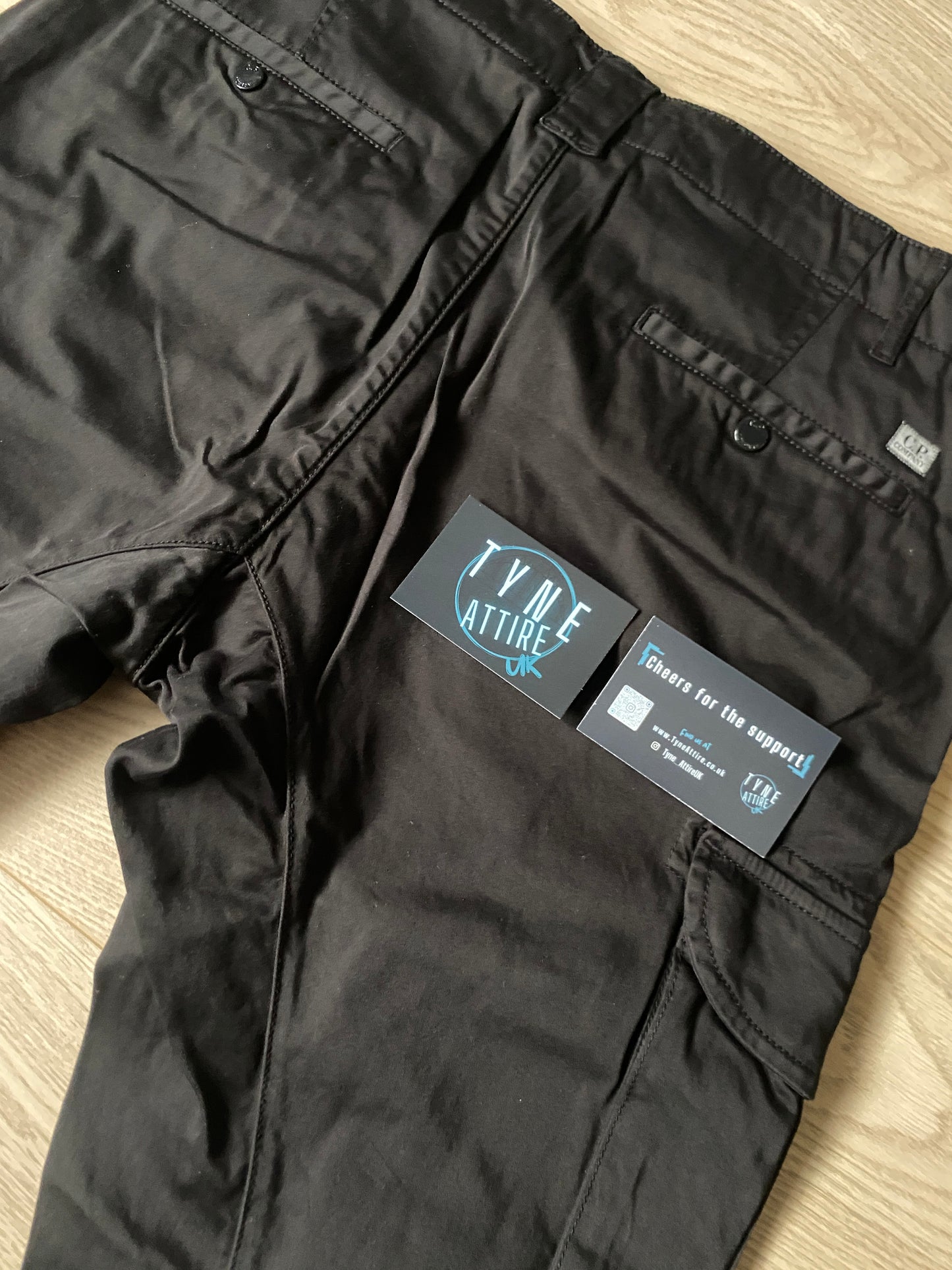 C.P. Company GD Ergonomic Fit Satin Stretch Lens Pocket Black Cargo Trousers