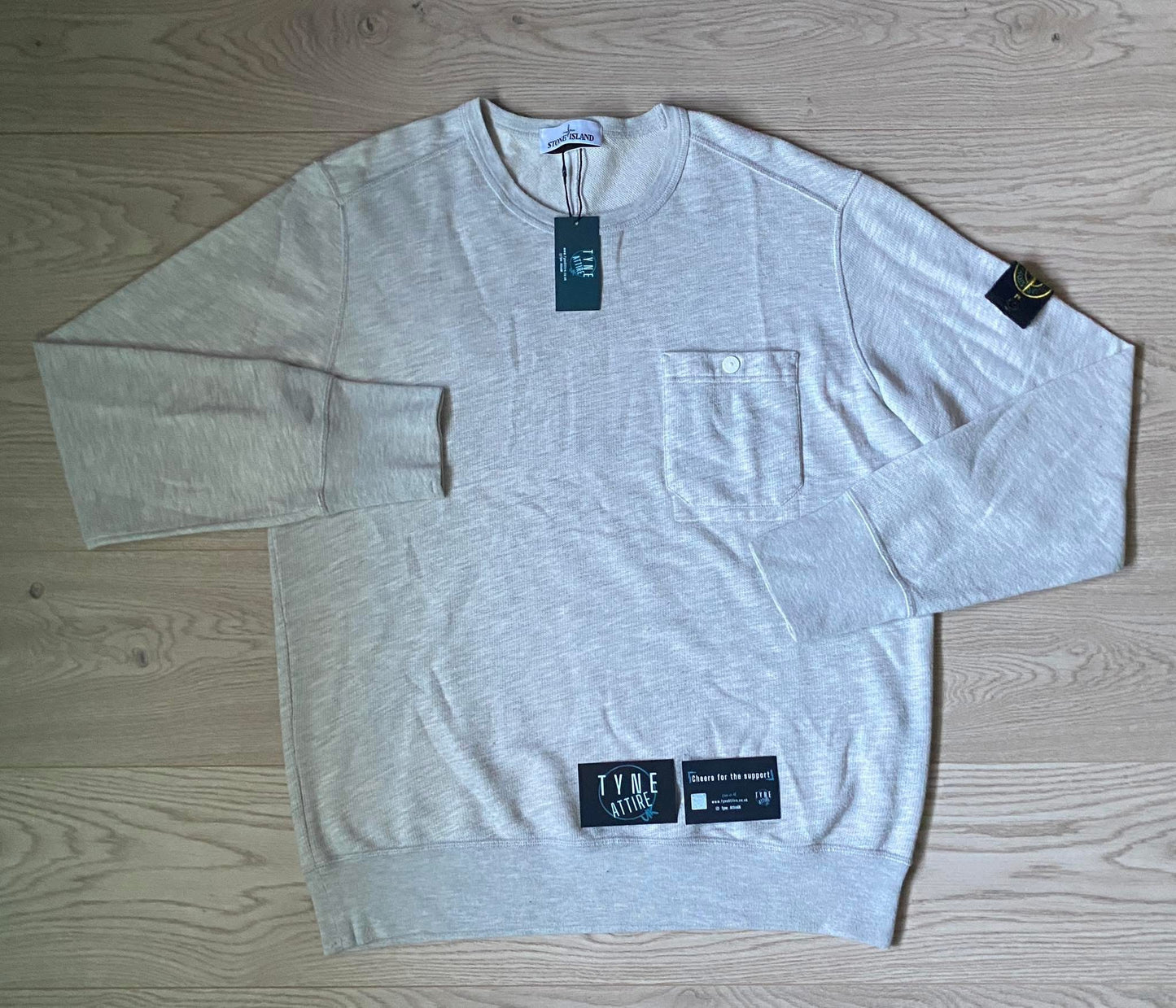 Stone Island 528D3 Chest Button Pocket Cotton/Poly Blend Grey Melange Crewneck Lightweight Sweater