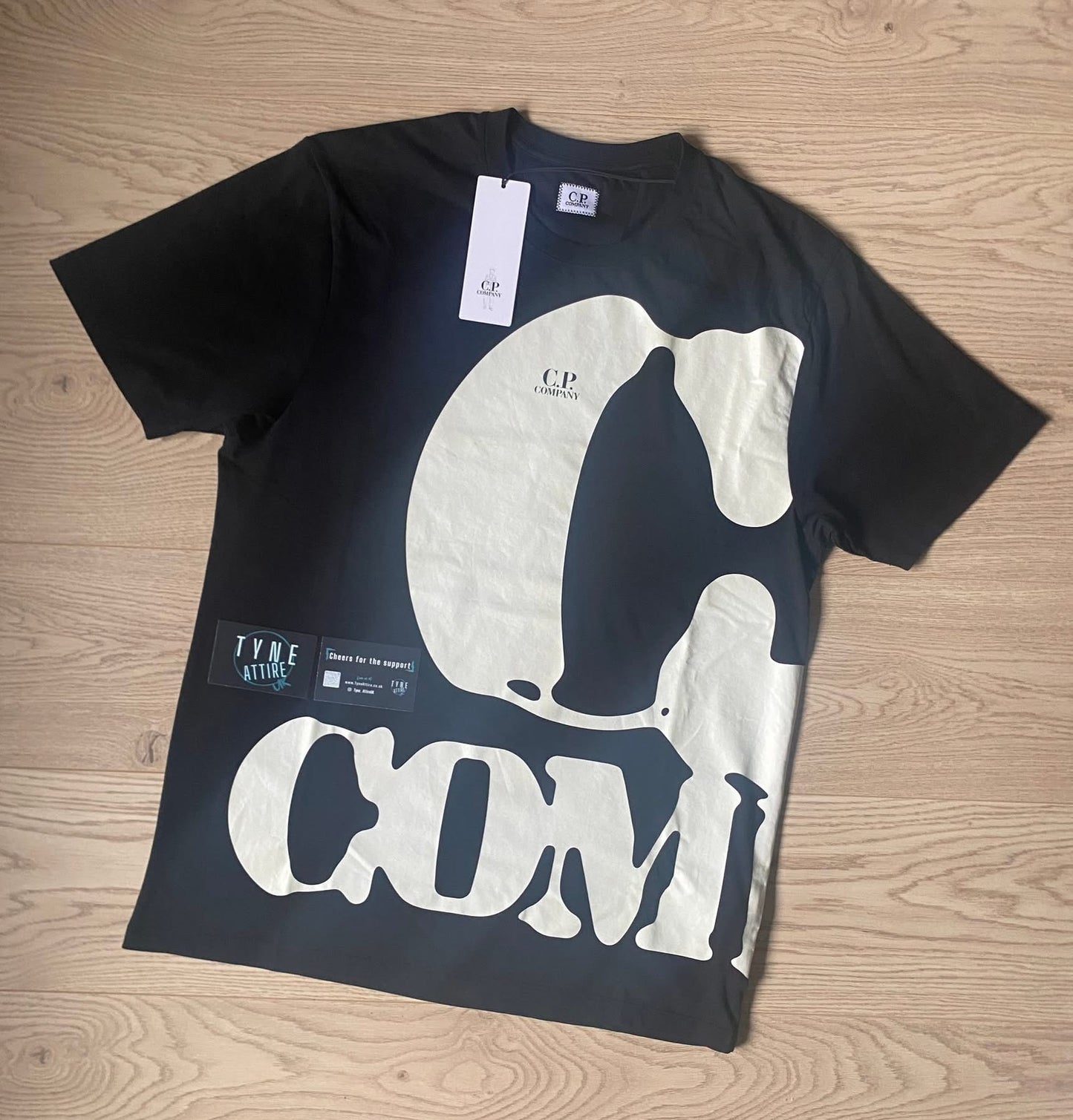 C.P. Company 30/1 Jersey Cotton Spellout Distressed Wrap Graphic Logo Black Crewneck T-Shirt