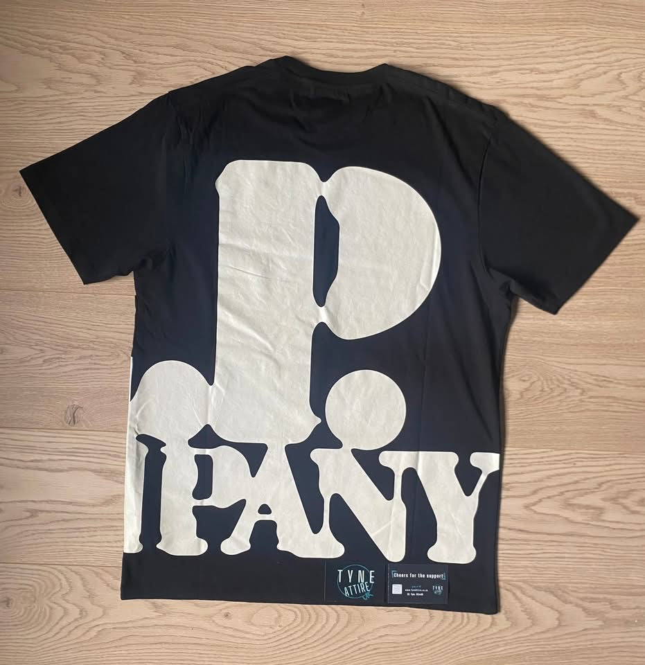 C.P. Company 30/1 Jersey Cotton Spellout Distressed Wrap Graphic Logo Black Crewneck T-Shirt