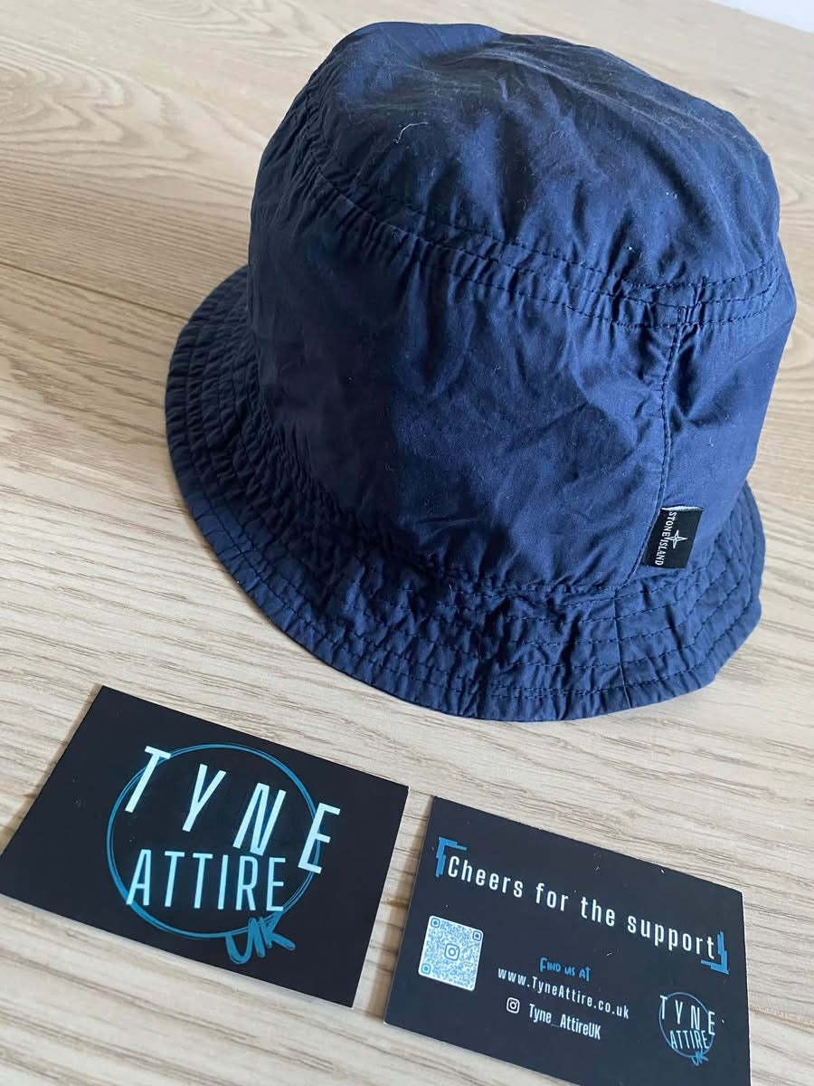 Stone Island Marina 992XC Spellout Logo Navy Blue Cotton Crusher Bucket Hat