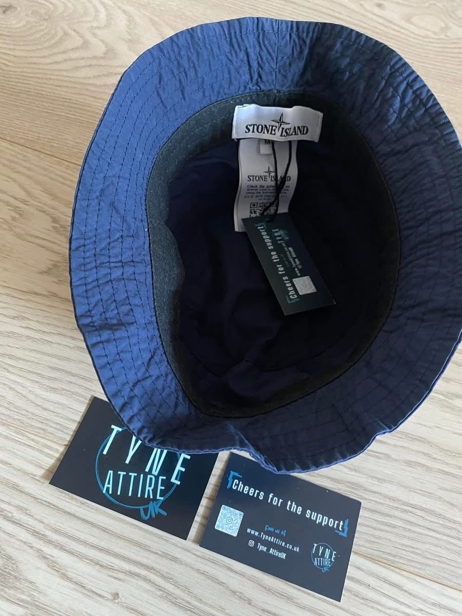 Stone Island Marina 992XC Spellout Logo Navy Blue Cotton Crusher Bucket Hat