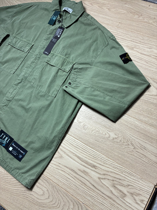 Stone Island 115WN T.Co+Old Effect Cotton Dual Chest Pocket Sage Green Button Overshirt Jacket