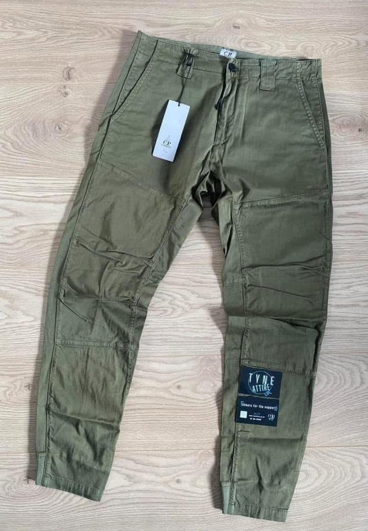 C.P. Company Garment Dyed Ergonomic Fit Raso Stretch Pocket Patch Logo Olive Green Cuffed Cargo Trousers