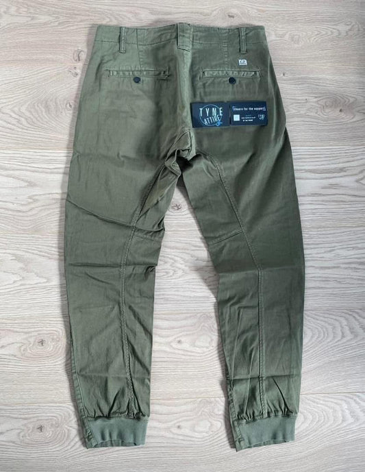 C.P. Company Garment Dyed Ergonomic Fit Raso Stretch Pocket Patch Logo Olive Green Cuffed Cargo Trousers