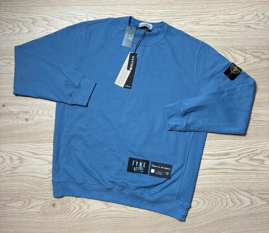 Stone Island 100028 Brushed Organic Cotton Garment Dyed Powder Blue Crewneck Sweater