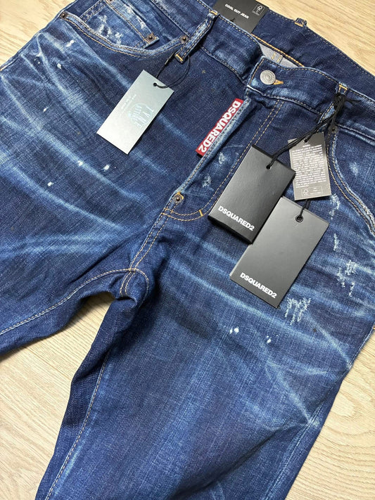Dsquared DSQ ‘Cool Guy’ Distressed/Splatter Effect Navy Blue Denim Jeans