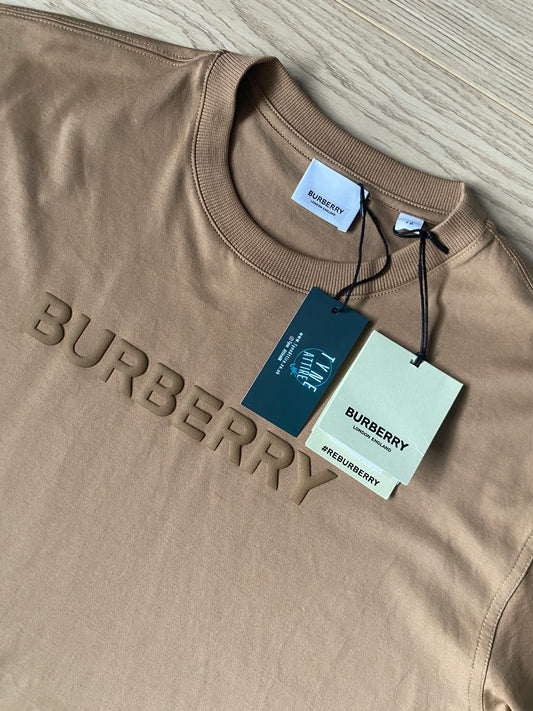 Burberry Spellout Raised Chest Logo Cotton Camel Legacy Beige Crewneck T-Shirt