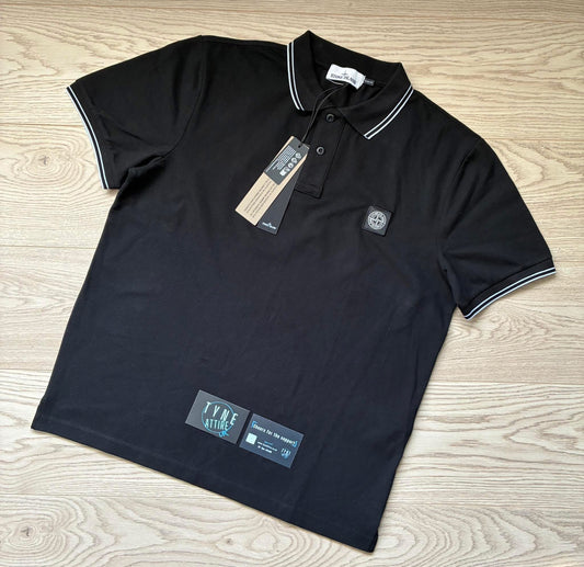 Stone Island 22S18 Organic Cotton Patch Logo Twin Tipped Slim Fit Black/White Polo T-Shirt