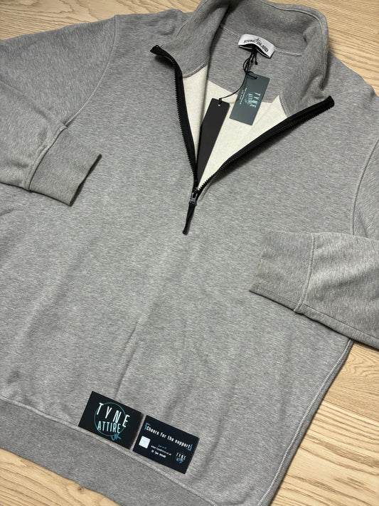 Stone Island 61951 Cotton Fleece Garment Dyed 1/2 Zip Dust Grey Melange Sweater