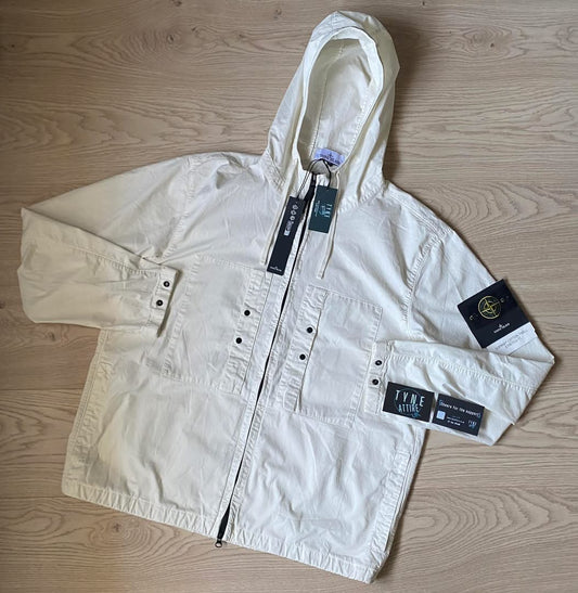 Stone Island 00091 Supima Cotton Twill Stretch-TC Garment Dyed Ivory White Hooded Parka Jacket