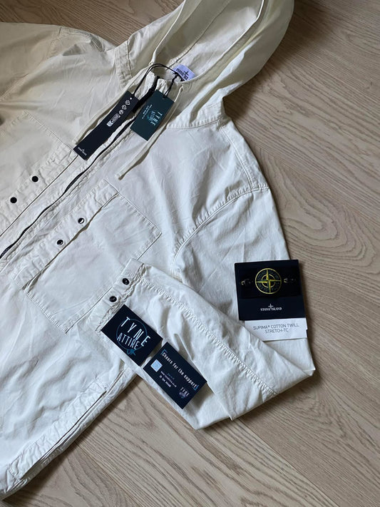 Stone Island 00091 Supima Cotton Twill Stretch-TC Garment Dyed Ivory White Hooded Parka Jacket