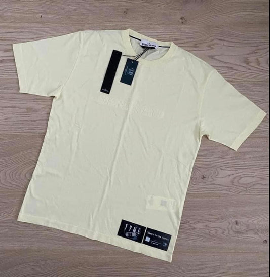 Stone Island 21560 Garment Dyed Embroided Spellout Logo Lemon Yellow Crewneck T-Shirt