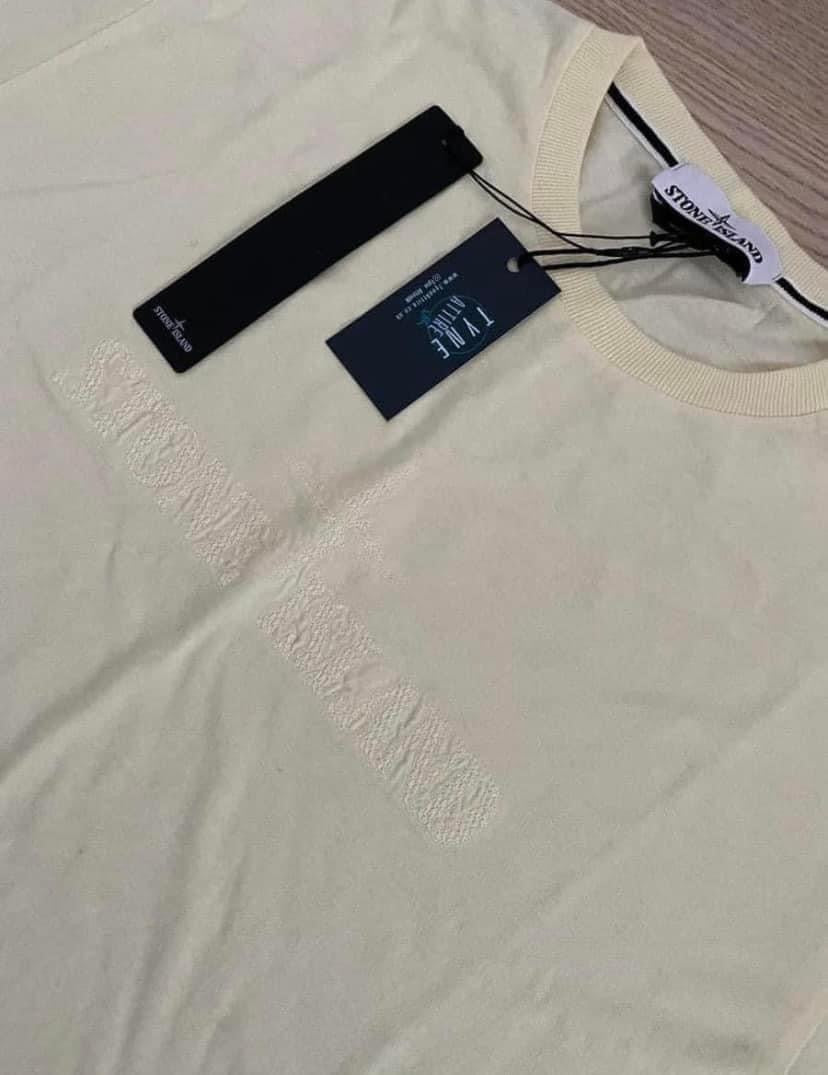 Stone Island 21560 Garment Dyed Embroided Spellout Logo Lemon Yellow Crewneck T-Shirt