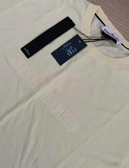 Stone Island 21560 Garment Dyed Embroided Spellout Logo Lemon Yellow Crewneck T-Shirt