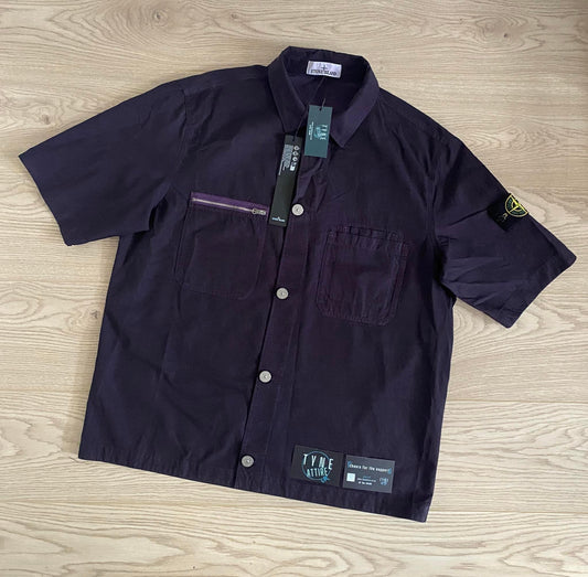 Stone Island 11429 Garment Dyed Cotton Cupro Twill Ink Blue Short Sleeve Button Overshirt