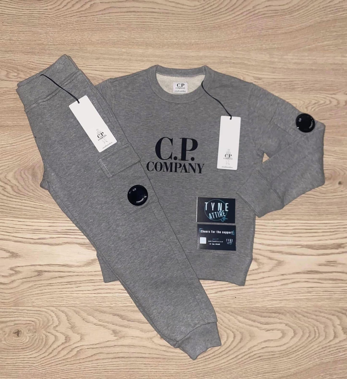C.P. Company Junior Spellout Chest Logo Arm Lens Sweater & Cargo Jogger Grey Tracksuit Set