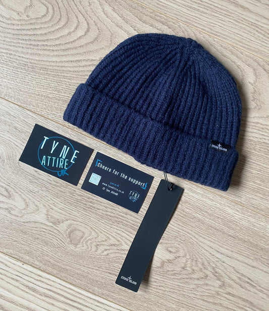 Stone Island N01A1 Classic Mens/Unisex Cotton/Poly Blend Ribbed Navy Blue Beanie