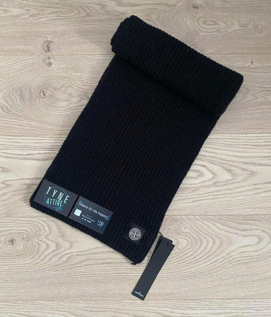 Stone Island N15B5 Patch Logo Mens/Unisex Knitted Ribbed Wool Black Scarf