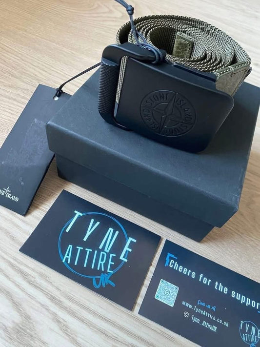 Stone Island 94873 Metal Compass Logo Buckle Olive Green/Black Nylon Tape Canvas Belt