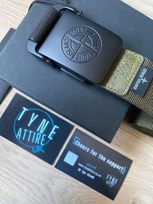 Stone Island 94873 Metal Compass Logo Buckle Olive Green/Black Nylon Tape Canvas Belt