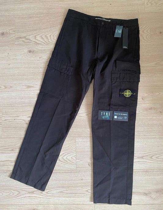 Stone Island 31706 ‘Type RE’ Garment Dyed Tela Cotone Lino Fiammato-TC Black Cargo Trousers