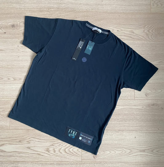 Stone Island 2NS96 ‘Lettering One’ Spellout Distorted Text Logo Navy Blue Crewneck T-Shirt