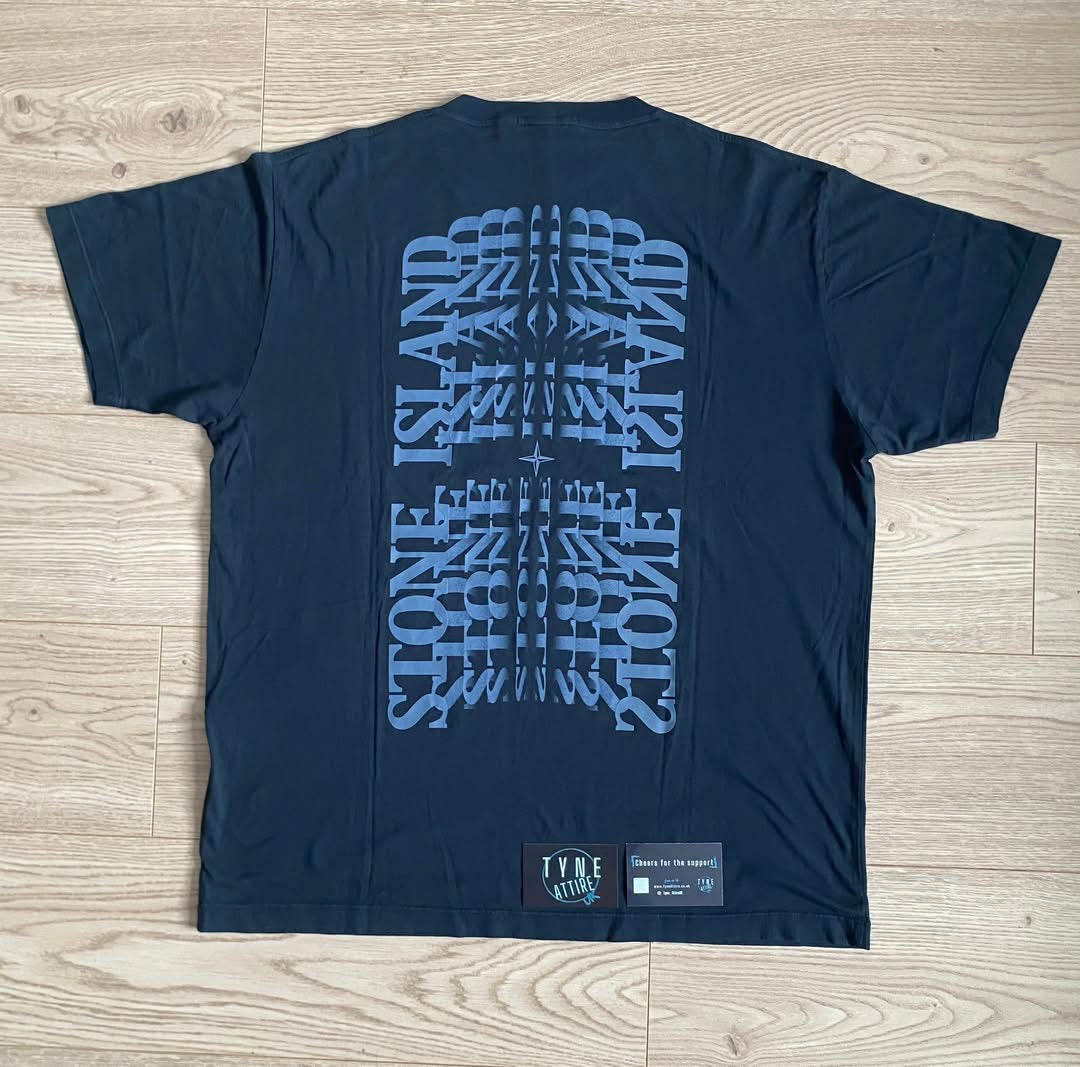 Stone Island 2NS96 ‘Lettering One’ Spellout Distorted Text Logo Navy Blue Crewneck T-Shirt