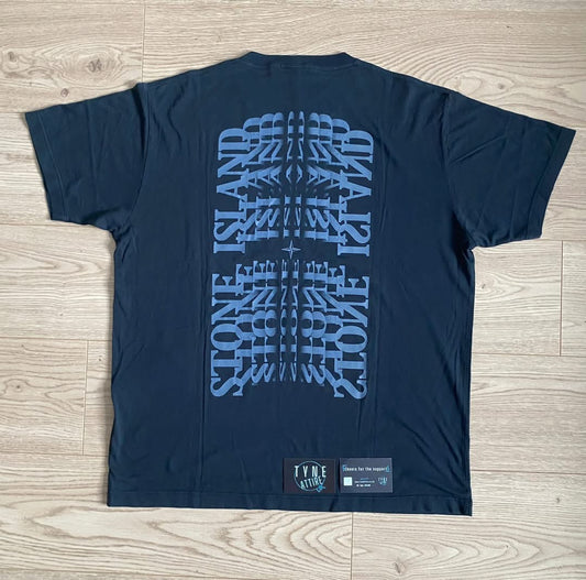 Stone Island 2NS96 ‘Lettering One’ Spellout Distorted Text Logo Navy Blue Crewneck T-Shirt