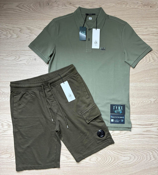 C.P. Company Diagonal Raised Light Fleece Bermuda Lens Pocket Cargo Sweat Shorts & Embroidered Patch Logo Piquet Bronze Green Polo T-Shirt Set