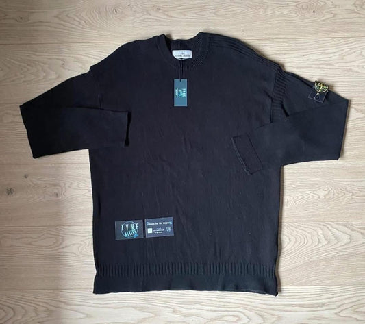 Stone Island 526D8 Cotton Ribbed Knit Black Crewneck Sweater