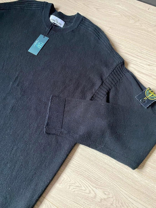 Stone Island 526D8 Cotton Ribbed Knit Black Crewneck Sweater