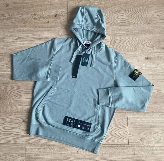 Stone Island 64151 Organic Cotton Fleece Garment Dyed Sky Blue Popover Drawstring Hoodie