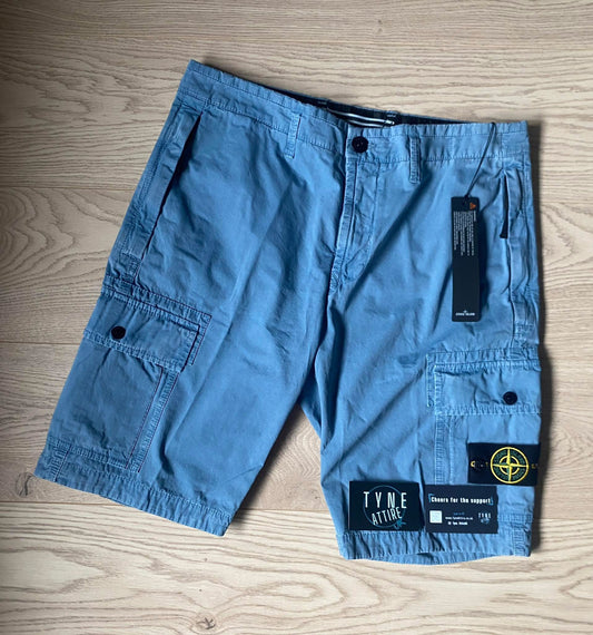 Stone Island L11WA ‘Type SL’ Brushed Cotton Canvas ‘OLD’ Effect Powder Blue Cargo Shorts