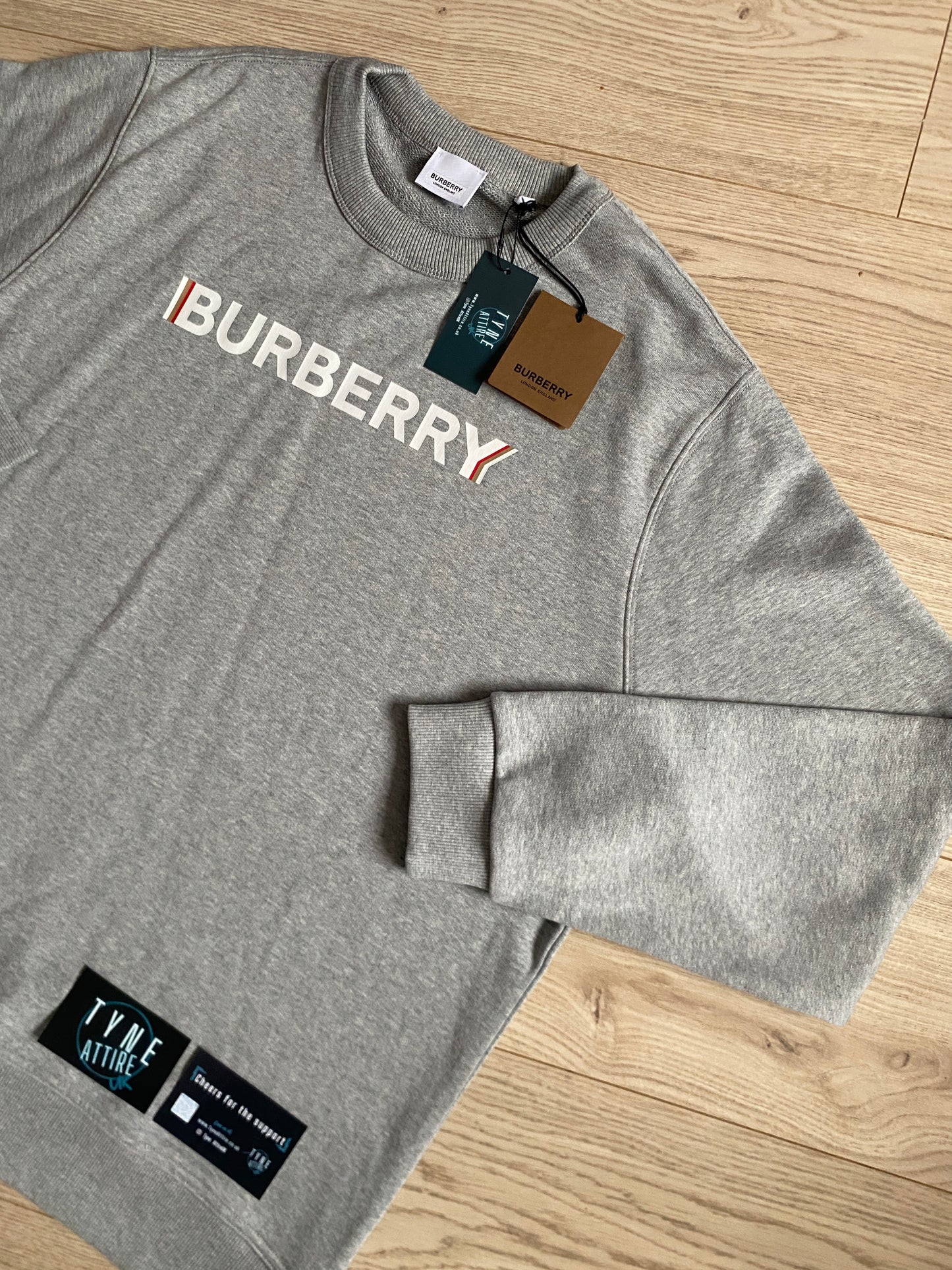Burberry Fawson Cotton Spellout Text Logo Marl Grey Crewneck Sweater