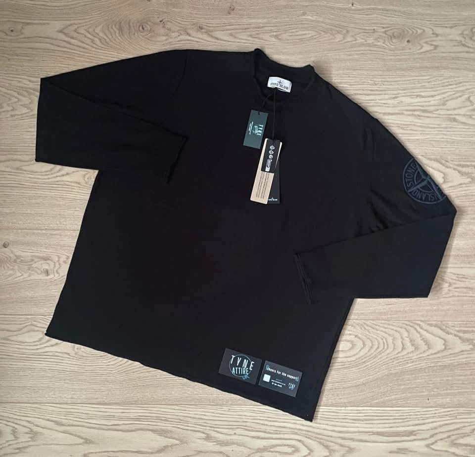 Stone Island 523B9 Embroidered Arm Compass Logo Cotton Knit Navy Blue Crewneck Sweater