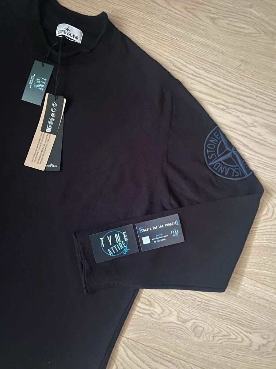 Stone Island 523B9 Embroidered Arm Compass Logo Cotton Knit Navy Blue Crewneck Sweater