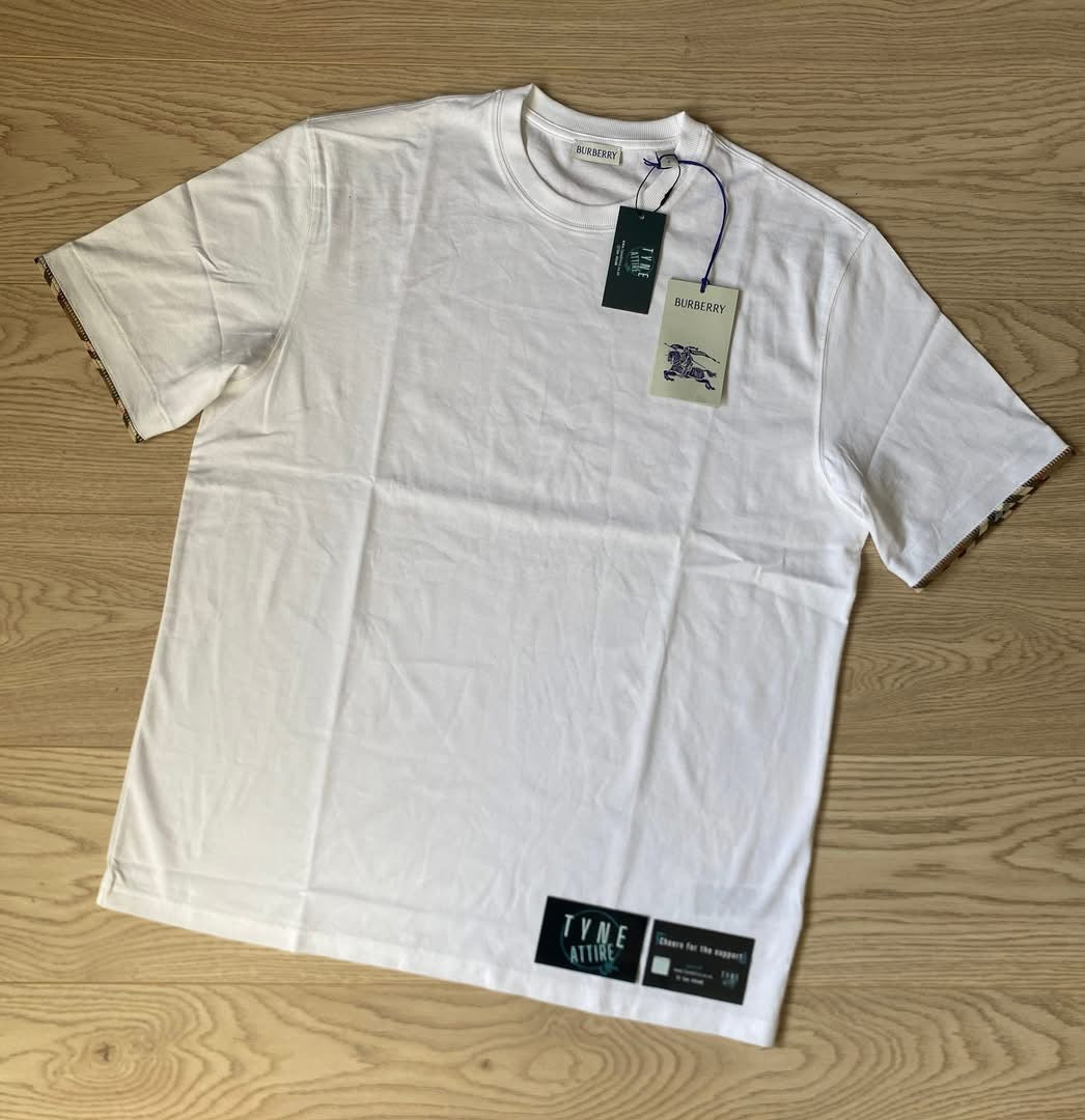 Burberry Ellison Organic Cotton Checked Sleeve Trim White Crewneck T-Shirt