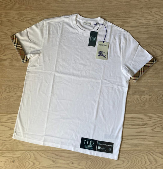 Burberry Ellison Organic Cotton Checked Sleeve Trim White Crewneck T-Shirt