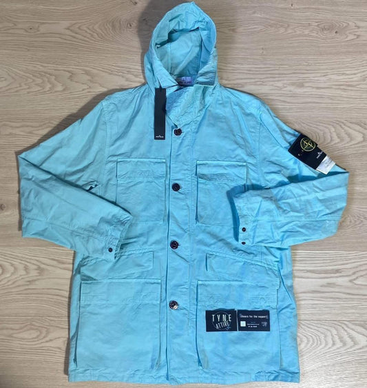 Stone Island 42306 Tela Cotone Lino Fiammato-TC Aqua Blue Hooded Field Jacket