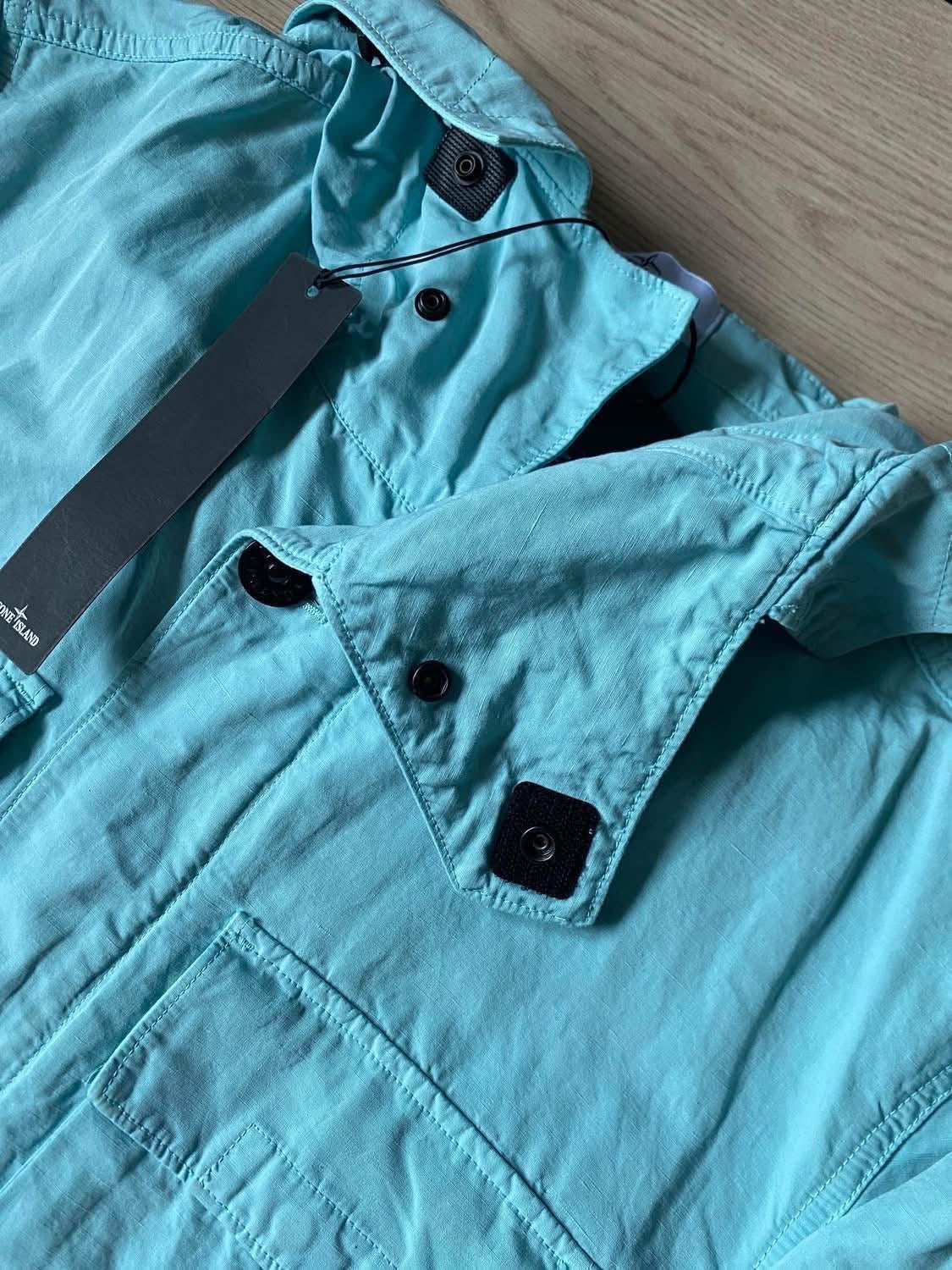 Stone Island 42306 Tela Cotone Lino Fiammato-TC Aqua Blue Hooded Field Jacket
