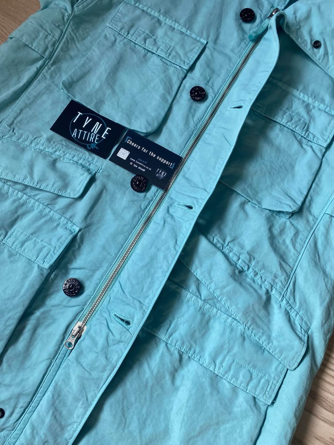 Stone Island 42306 Tela Cotone Lino Fiammato-TC Aqua Blue Hooded Field Jacket